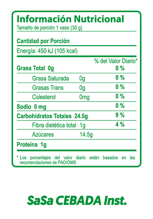 Información nutricional Sebada Instantanea SaSa