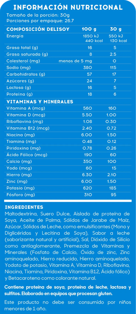 Información nutricional Delisoy Natural 800g