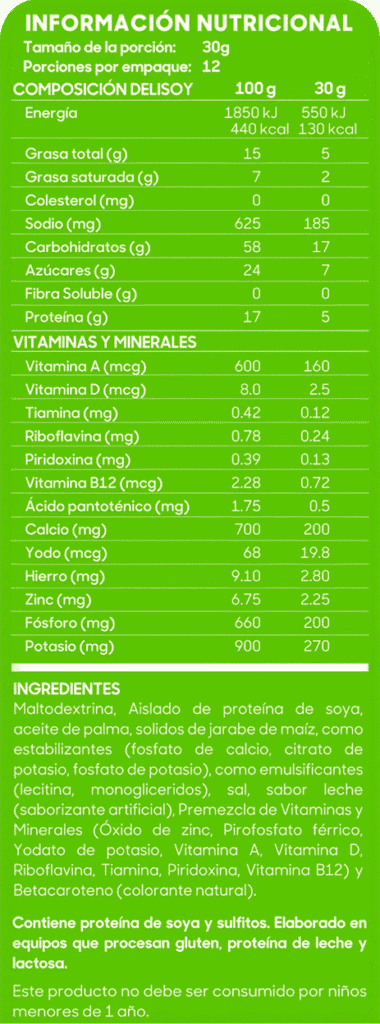 Información nutricional Delisoy sin Lactosa 360g
