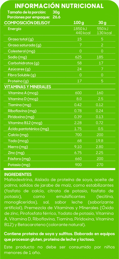 Información nutricional Delisoy sin Lactosa 800g